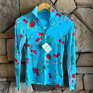 New🌟KASTEL DENMARK US -Castelli Blue Cherry Print Long Sleeve  1/4 ZIP SHIRT Top